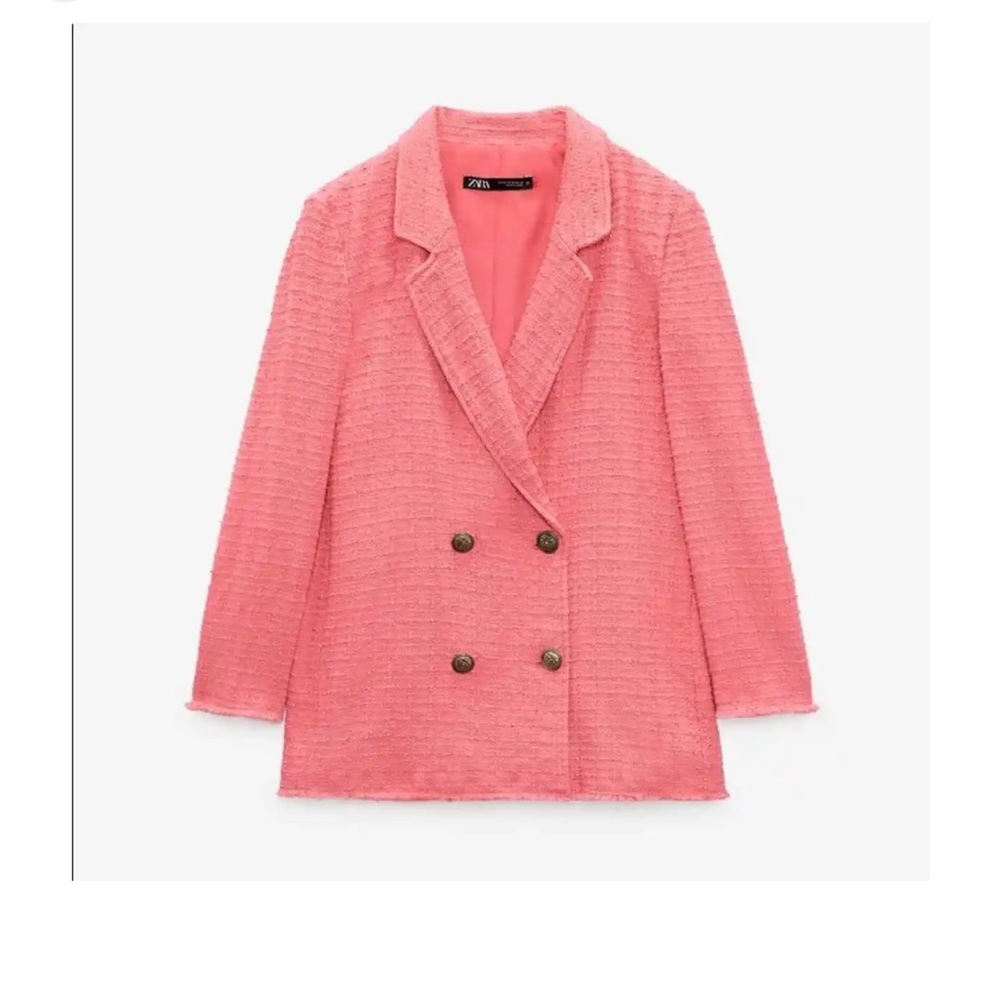 NWOT Zara SS22 TEXTURED TWEED DOUBLE BREASTED BLAZER PEACHY SIZE L